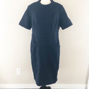 Boden Dress Womens 12 Navy Blue Textured Cotton Blend Short Sleeve Pocket Shift